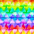 Geometric ornament of rainbow colors triangles on white background. Watercolor seamless pattern