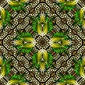 Geometric ornamental floral greek 3d seamless pattern. Vector colorful tropic background. Exotic tropical abstract flowers, leaves Royalty Free Stock Photo