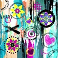 geometric pattern background, retro,vintage style, with circles, stripes, flowers, strokes and splashes.