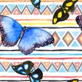 Geometric pattern with butterflies. Repeating pattern - decorative ornamental design. Watercolor Royalty Free Stock Photo