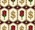 Geometric pattern with chains, dollar sign, roses Royalty Free Stock Photo