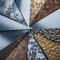 Geometric pattern composed of metallic triangles with varied textures and finishes, Royalty Free Stock Photo