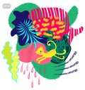 Geometric pattern design. Exotic plants, tiger, tropical leaves on a bright colorful background. Bright juicy tones, all