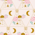 Geometric pattern design with golden woman, flowers and celestial elements