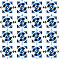 Geometric pattern featuring bold circles and triangular shapes in blue and black on a white background. Royalty Free Stock Photo
