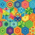 Geometric pattern featuring colorful hexagons with diverse designs Royalty Free Stock Photo