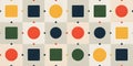 Geometric pattern featuring a grid of alternating circles and squares on a background of soft beige and gray squares Royalty Free Stock Photo