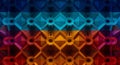 A geometric pattern featuring a series of interconnected, brightly colored triangular pyramids.