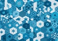 Geometric pattern featuring various hexagonal tiles in shades of blue and white. Each hexagon Royalty Free Stock Photo