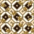 Geometric pattern with gold one dollar coins, gold chains, beads. Royalty Free Stock Photo