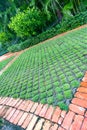 Geometric pattern of green turf and interlocking concrete blocks, demonstrating permeable pavement used for stylish Royalty Free Stock Photo
