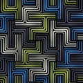 Geometric pattern with an intricate maze of interlocking multicolored lines on a black background in a modern style.