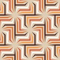 Geometric pattern with multicolored spiral angular lines on a beige background. Vector illustration in retro style.