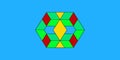 Geometric pattern of red green and yellow interlocking cubes forming a hexagon on blue background Royalty Free Stock Photo