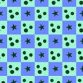 Geometric chess pattern with squares, stars and rounds in light and blue colors