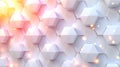 A geometric pattern of white hexagonal shapes with soft, colorful lighting creates a modern, luminous design