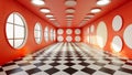 Geometric patterns in red room with circular windows and checkered floor Royalty Free Stock Photo