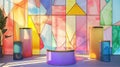 Geometric patterns resembling stained glass windows cover the surface of the GeoRainbow podium. The mix of warm and cool Royalty Free Stock Photo