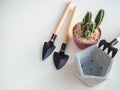 Geometric pentagon concrete planter with cactus plant and garden tool set