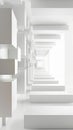 Geometric picture ledges in a symmetrical and structured arrangement along a blank wall