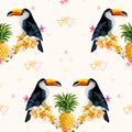 Geometric Pineapple and Toucan Background. Tropical Bird