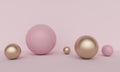 Geometric pink abstract background with golden spheres. 3d rendering