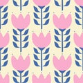 Geometric pink flowers in Scandinavian style hand drawn vector illustration. Vintage floral ornament seamless pattern for fabric. Royalty Free Stock Photo