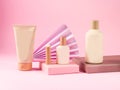 Geometric podium displaying set of body care generic bottles, tubes on pink background.