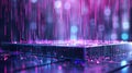 A geometric podium enveloped in a virtual matrix rain with bright neon colors raining down on a sleek metallic surface