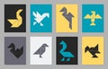Colorful posters with eight tangram vector birds. Royalty Free Stock Photo
