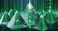 Geometric Pyramids with Binary Code Data Streams, Futuristic Digital Landscape Royalty Free Stock Photo
