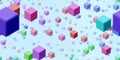 Geometric red blue violet education color surface. Fly cubes design colored pattern. Happy school multicolor creative backdrop. Royalty Free Stock Photo