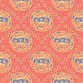 Geometric red orange seamless pattern. Bright background with blue and yellow design Royalty Free Stock Photo