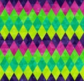 Geometric seamless harlequin pattern from rows of rhombuses in green, pink and purple
