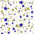 Geometric seamless pattern in abstract memphis style, gold circles, stars, spirals