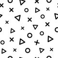 Geometric seamless pattern with black triangles, crosses and circles. Vector illustration Royalty Free Stock Photo