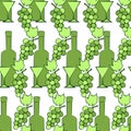 Geometric seamless pattern with bunches of green grapes, bottles of wine and glasses. Vector Royalty Free Stock Photo