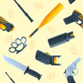 Geometric seamless pattern with cartoon weapon icons for self defense