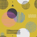 Geometric seamless pattern with circles, triangles and lines of various colors and textures on mustard yellow background