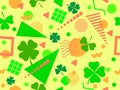 Geometric seamless pattern with clover in 80s style. Green four-leaf clover for St. Patrick\'s Day