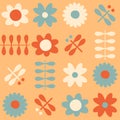 Geometric seamless pattern with daisies and dragonflies in scandinavian style. Vintage print for T-shirt, poster, textile