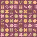 Geometric seamless pattern with daisies and dragonflies in scandinavian style. Vintage print for T-shirt, poster, textile and