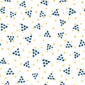 Geometric seamless pattern drawn by hand. Repeated triangles and round dots.