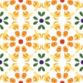 Geometric seamless pattern with fruits - banana, apricot, apple, blueberry and green leaf.