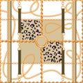 Geometric seamless pattern with golden chains, belts and animal skin.