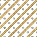 Geometric seamless pattern of golden glitter and silver diagonal strokes circle Royalty Free Stock Photo