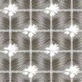 Geometric seamless pattern in gray and black color with mesh effect of intersecting thin lines and white daisies .