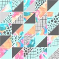 Geometric seamless pattern with handmade grunge and watercolor textures.