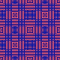 Geometric seamless pattern with lines, squares, stripes. Bright blue and red