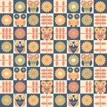 Geometric seamless pattern with owls and daisy flowers. Floral checkered print for tee, paper, fabric, textile. Retro style